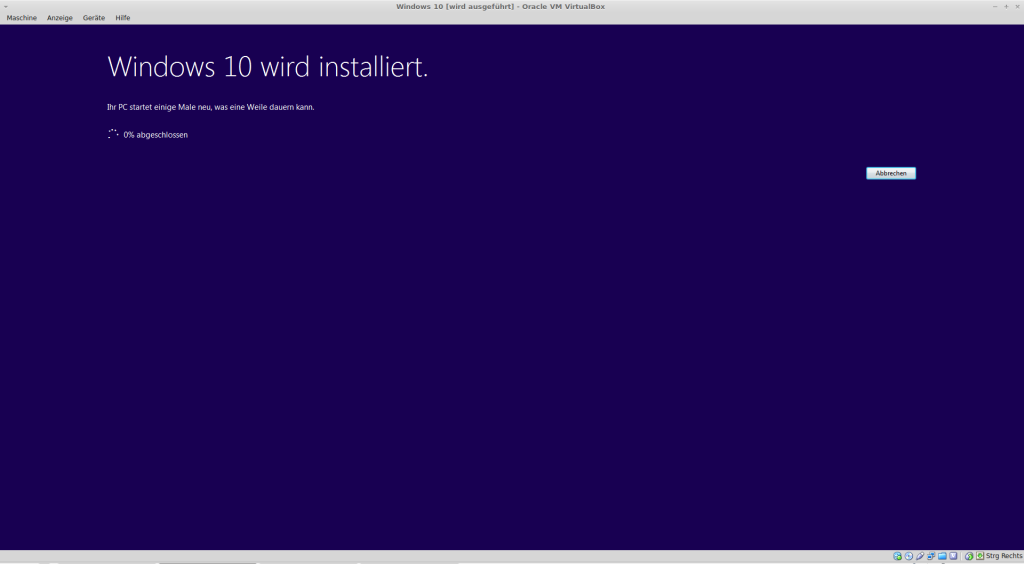 Installation von Windows 10 beginnt
